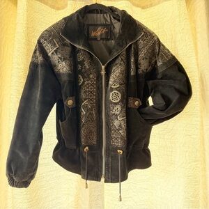 Vintage 90s Winlit Black Suede Leather Embossed Bomber Jacket